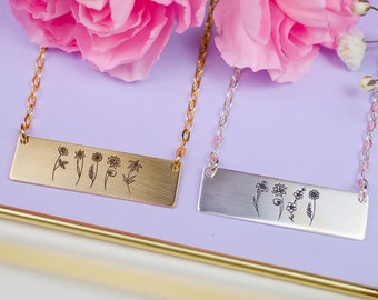 Combined Birth Month Flower Family Necklace • Mothers Day Gift •  Wildflower Bar Necklace • Gift for Mom • Gift for Grandma • 1-8 Flowers