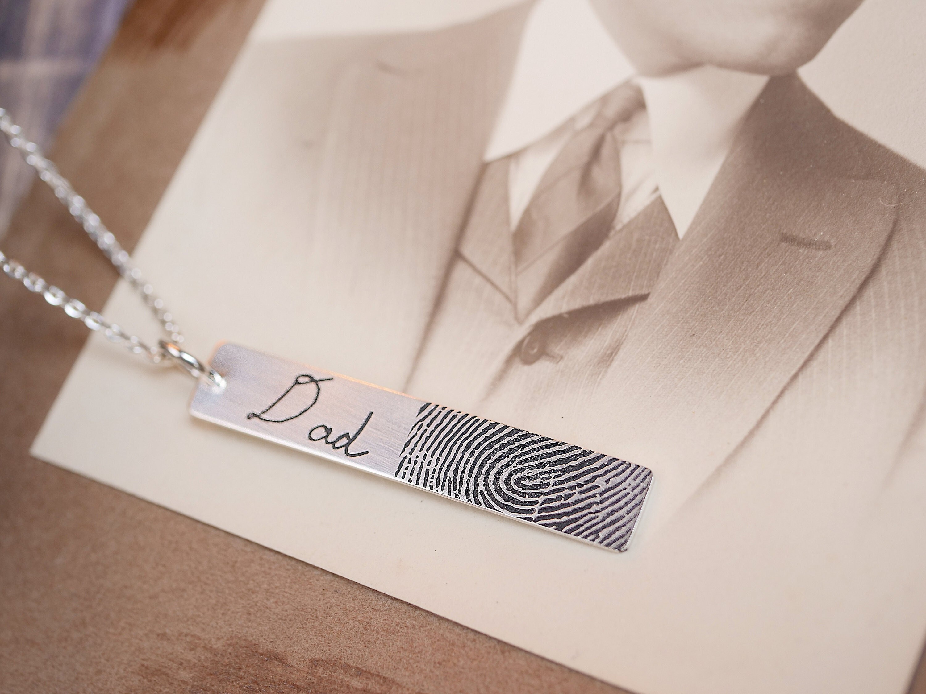 Actual Fingerprint with Real Handwriting Necklace• Vertical Bar Handwriting Necklace •  Memorial Fingerprint Jewelry • Father’s Day