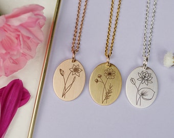 Personalized Birth Flower Necklace • Wildflower Engraved Necklace • Birth Flower Jewelry • Wildflower Jewelry • Gift For Her • Gift for Mom