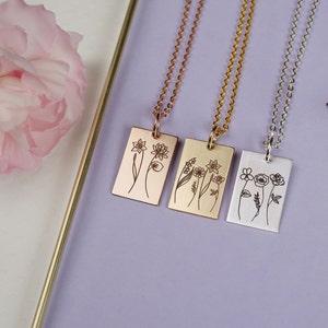 Personalized Birth Flower Necklace • Wildflower Engraved Necklace • Birth Flower Jewelry • Wildflower Jewelry • Gift For Her • Gift for Mom