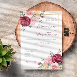 Faire-part de mariage rouge, rose et or | Faire-part de mariage imprimé de luxe | Carte de mariage romantique florale | Papeterie de mariage vintage