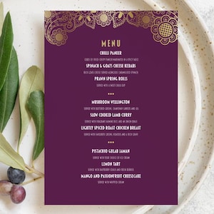 Menu de mariage violet et or | Menus de réception personnalisés | carte de menu musulmane hindoue indienne | Papeterie de table de mariage asiatique