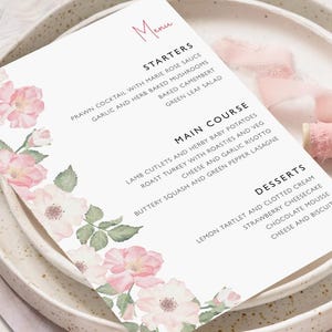 Menu de mariage rose et vert | Menus de réception personnalisés |  Floral, carte de menu de luxe | Papeterie de table de mariage