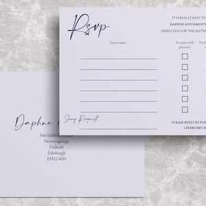 Lila RSVP-kaart voor bruiloft | Briefkaart antwoord luxe aanwezigheid | Bloemen, romantisch ontwerp | Bedrukte bruiloftsbriefpapier