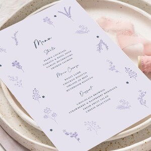 Menu de mariage lilas | Menus de réception personnalisés | Carte de menu florale et romantique | Papeterie de table de mariage