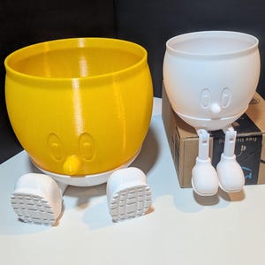 Peut inclure: Deux pots de fleurs imprimés en 3D en forme de personnages de dessins animés. Le pot de fleurs de gauche est jaune avec des pieds blancs. Le pot de fleurs de droite est blanc avec des pieds blancs.