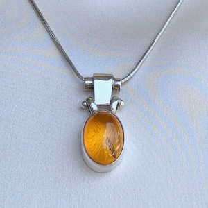 Sterling Yellow Gold Oval Amber Pendant & Silver Chain