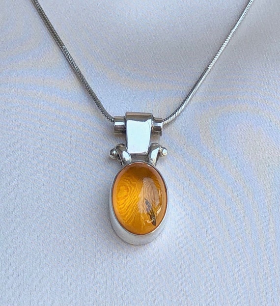 Sterling Yellow Gold Oval Amber Pendant & Silver C