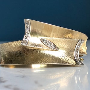 18k Yellow And White Gold, Handmade Art-Deco Diamond Bangle Bracelet.