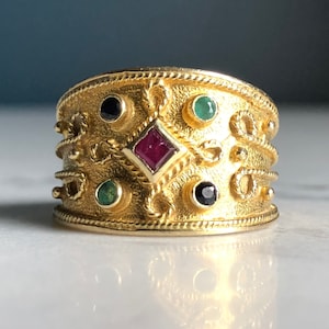 Vintage 14k Yellow Gold Byzantine Etruscan Design Ring, With Natural Ruby, Sapphire & Emerald
