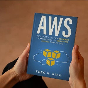 Può includere: Un libro blu con il titolo "AWS: La guida definitiva dai principianti agli esperti per i servizi web di Amazon (edizione 2020)" e il nome dell'autore "Theo H. King". La copertina presenta un'illustrazione stilizzata di tre cubi gialli in una nuvola.