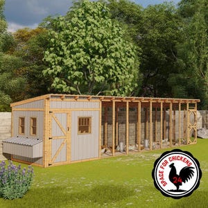 May include: A wooden chicken coop with a grey exterior and a light brown frame. The coop has a nesting box, windows, and an open-air run. The image includes the text "SPACE FOR CHICKENS 24" with a rooster graphic.