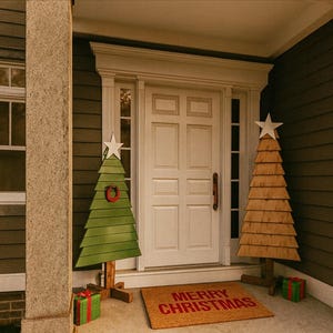 May include: A Christmas-themed porch scene with a white door, two wooden Christmas trees, and a doormat that reads "MERRY CHRISTMAS." The green and brown trees have star toppers. Two wrapped gifts sit near the trees.