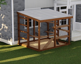 May include: A wooden cat enclosure with a sloped roof and multiple levels for climbing and lounging. The structure is made of brown wood and wire mesh, with a ramp and platforms. Several cats are inside the enclosure.