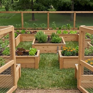 May include: A series of rectangular wooden raised garden beds arranged in a symmetrical layout, enclosed by a matching wooden fence with wire mesh panels. The beds contain various green leafy vegetables, herbs, and orange marigold flowers.