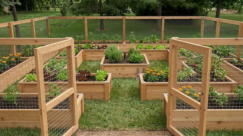 May include: A series of rectangular wooden raised garden beds arranged in a symmetrical layout, enclosed by a matching wooden fence with wire mesh panels. The beds contain various green leafy vegetables, herbs, and orange marigold flowers.