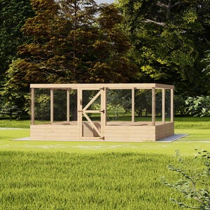 May include: A wooden garden cage with a wire mesh enclosure and a wooden door. The cage is in a grassy field with trees in the background.