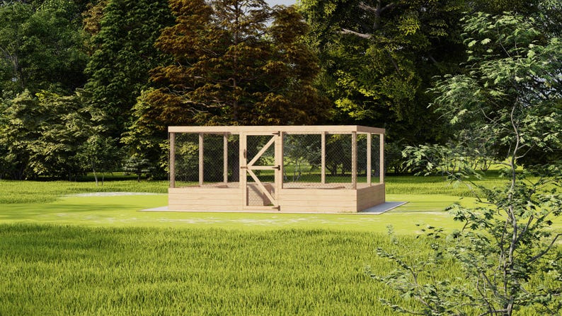 May include: A wooden garden cage with a wire mesh enclosure and a wooden door. The cage is in a grassy field with trees in the background.