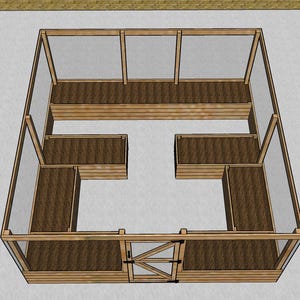 May include: Overhead view of a wooden greenhouse with a glass roof and multiple raised beds inside. The greenhouse has a small door on one side.