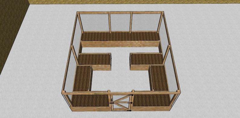 May include: Overhead view of a wooden greenhouse with a glass roof and multiple raised beds inside. The greenhouse has a small door on one side.