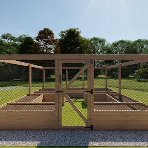 May include: A wooden raised garden bed with a wire mesh enclosure and a gate. The garden bed is divided into multiple sections.