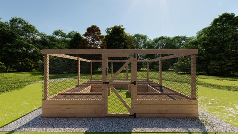 May include: A wooden raised garden bed with a wire mesh enclosure and a gate. The garden bed is divided into multiple sections.