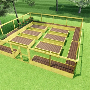 May include: A large square garden enclosure featuring a light-colored wooden frame with wire mesh fencing. Inside the perimeter, there are six rectangular raised garden beds with brown soil and a small gate for entry into the central area.