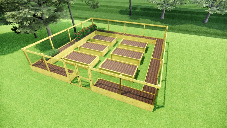 May include: A large square garden enclosure featuring a light-colored wooden frame with wire mesh fencing. Inside the perimeter, there are six rectangular raised garden beds with brown soil and a small gate for entry into the central area.