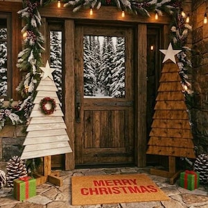 Op de afbeelding: Een veranda versierd voor de feestdagen met twee houten kerstboomvormen, één wit en één bruin, elk bekroond met een ster. Een rechthoekige deurmat bevat de tekst Merry Christmas, omringd door dennenappels en kleine cadeautjes.