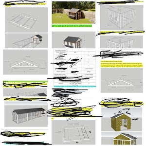 K&ouml;nnte beinhalten: Detaillierte Diagramme und Illustrationen f&uuml;r den Bau eines H&uuml;hnerstall-Auslaufs. Enth&auml;lt Blaupausen, Abmessungen und Materiallisten f&uuml;r das DIY-Projekt. Zeigt Bilder des Rahmens, des Daches und der T&uuml;r des Stalls.