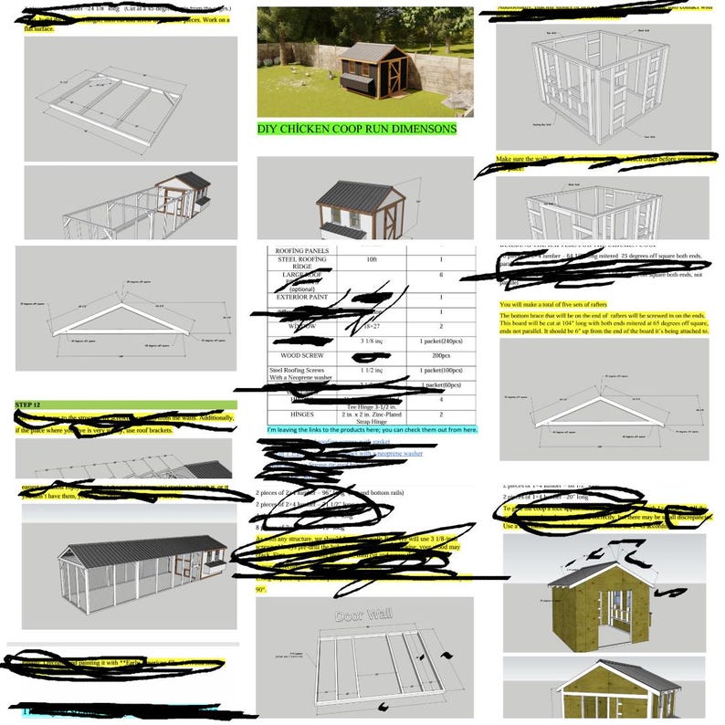 K&ouml;nnte beinhalten: Detaillierte Diagramme und Illustrationen f&uuml;r den Bau eines H&uuml;hnerstall-Auslaufs. Enth&auml;lt Blaupausen, Abmessungen und Materiallisten f&uuml;r das DIY-Projekt. Zeigt Bilder des Rahmens, des Daches und der T&uuml;r des Stalls.