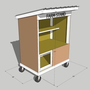 May include: A brown and white farm stand on wheels, with the text "FARM STAND" on top. The stand has a sloped roof and measures 60 inches long, 38 inches wide, and 77 inches high.