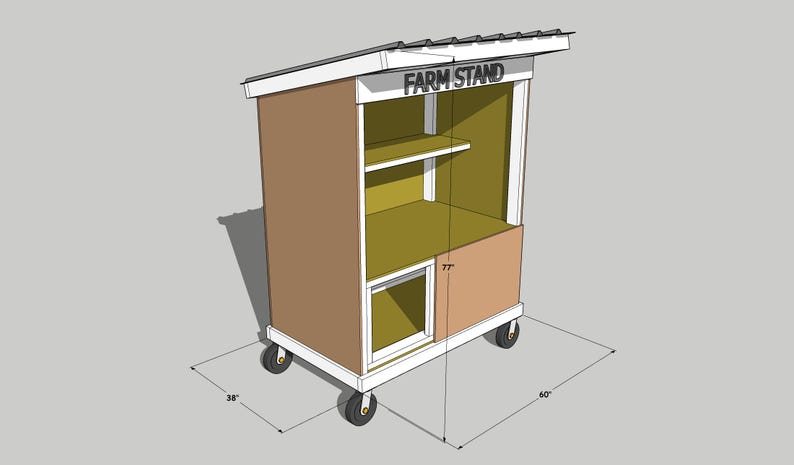 May include: A brown and white farm stand on wheels, with the text "FARM STAND" on top. The stand has a sloped roof and measures 60 inches long, 38 inches wide, and 77 inches high.