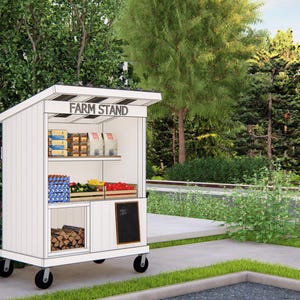 May include: A white mobile farm stand with a black and white striped awning. The stand displays various packaged goods, produce, and firewood. The text "FARM STAND" is printed on the awning. The stand is on wheels and is located outdoors.
