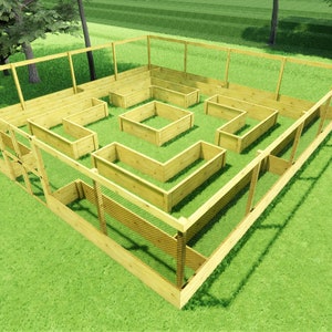 May include: A square wooden garden enclosure featuring a perimeter fence and multiple raised planting beds arranged in a symmetrical pattern. The structure is constructed from light-colored natural wood planks and includes a central square planter box.
