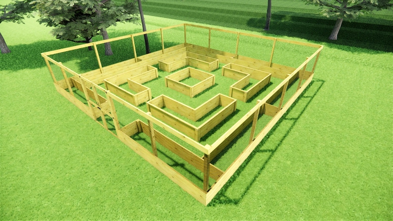 May include: A square wooden garden enclosure featuring a perimeter fence and multiple raised planting beds arranged in a symmetrical pattern. The structure is constructed from light-colored natural wood planks and includes a central square planter box.