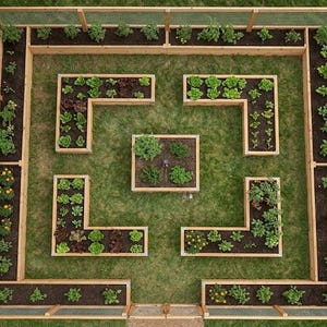 May include: A square wooden garden enclosure featuring a perimeter fence with wire mesh and multiple L-shaped raised garden beds arranged symmetrically around a central square planter box, all filled with various green leafy plants and soil.