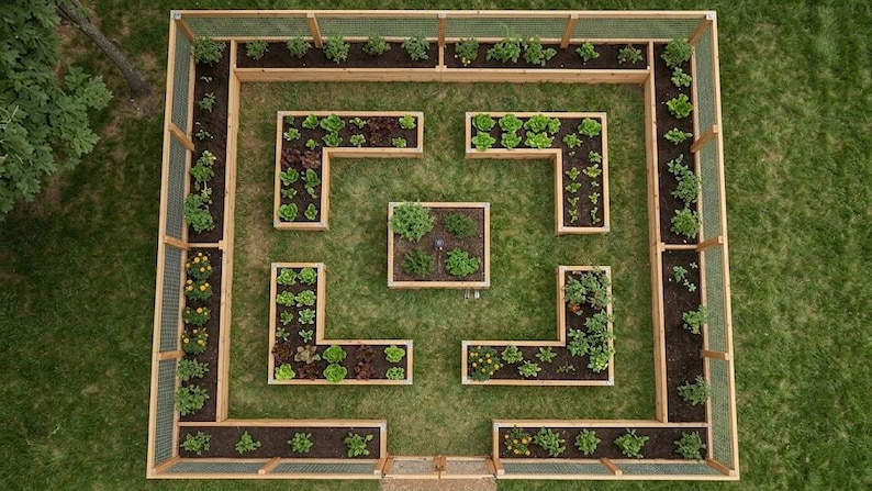 May include: A square wooden garden enclosure featuring a perimeter fence with wire mesh and multiple L-shaped raised garden beds arranged symmetrically around a central square planter box, all filled with various green leafy plants and soil.