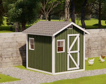 May include: A green wooden shed with white trim, a gray shingled roof, two windows, and a single door with a diagonal brace. The structure features vertical siding and is positioned in an outdoor area with a flag, a wooden bench, and chickens.