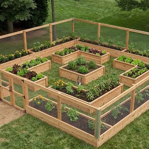 May include: A large square wooden garden bed system featuring multiple tiered planting sections enclosed by a wire mesh fence. The structure includes a gated entrance and contains various green plants and yellow flowers in dark soil.