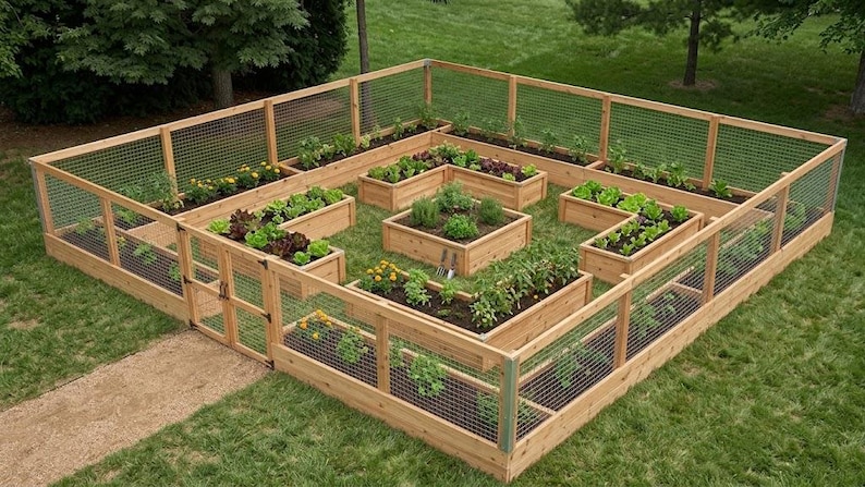 May include: A large square wooden garden bed system featuring multiple tiered planting sections enclosed by a wire mesh fence. The structure includes a gated entrance and contains various green plants and yellow flowers in dark soil.