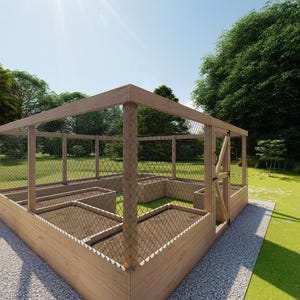 May include: A wooden raised garden bed with a wire mesh enclosure. The bed is divided into multiple sections and is surrounded by green grass.