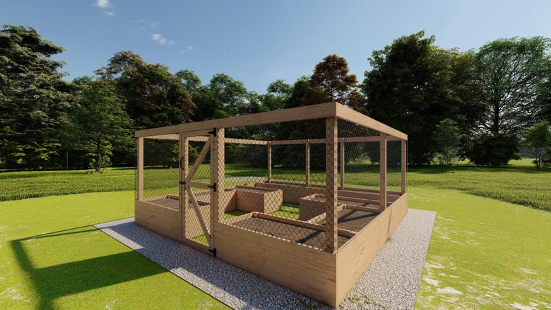 May include: A wooden raised garden bed with a wire mesh enclosure. The garden bed is divided into multiple sections and has a wooden gate.