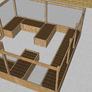 May include: A wooden raised garden bed with a wire mesh enclosure. The bed is divided into multiple sections, creating a unique and functional design.
