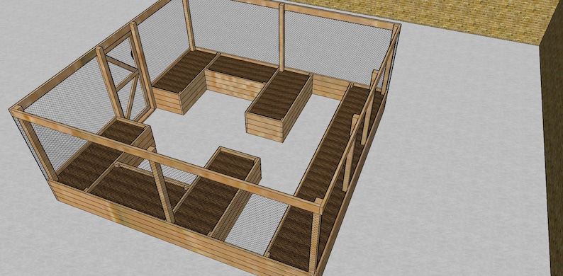 May include: A wooden raised garden bed with a wire mesh enclosure. The bed is divided into multiple sections, creating a unique and functional design.