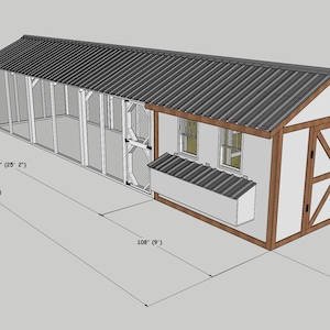 K&ouml;nnte beinhalten: Architektonische Darstellung eines H&uuml;hnerstalls. Der Stall hat eine wei&szlig;e und braune Struktur mit einem Wellblechdach. Die Abmessungen sind angegeben: 767 cm lang und 1041 cm breit. Mit Drahtgeflecht-Gehege.