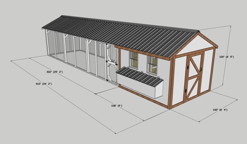 K&ouml;nnte beinhalten: Architektonische Darstellung eines H&uuml;hnerstalls. Der Stall hat eine wei&szlig;e und braune Struktur mit einem Wellblechdach. Die Abmessungen sind angegeben: 767 cm lang und 1041 cm breit. Mit Drahtgeflecht-Gehege.