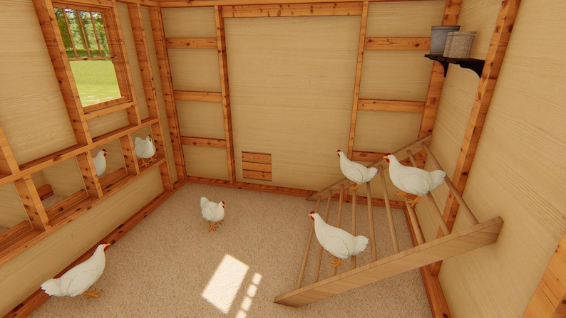 K&ouml;nnte beinhalten: Innenansicht eines h&ouml;lzernen H&uuml;hnerstalls mit mehreren wei&szlig;en H&uuml;hnern. Der Stall hat ein Fenster, eine kleine Treppe und Nistk&auml;sten. Die H&uuml;hner sind im ganzen Stall verteilt.