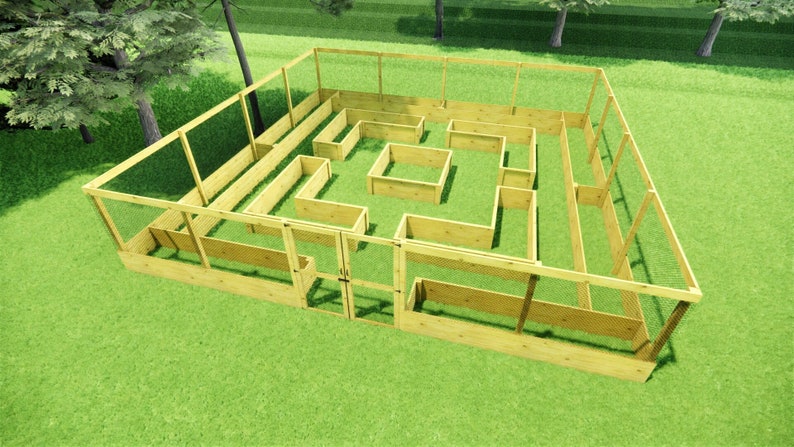 May include: A large, square wooden garden enclosure featuring multiple raised planting beds arranged in a maze-like pattern. The structure is built from light-colored wood planks and is surrounded by a tall, wire mesh fence with a central gate.