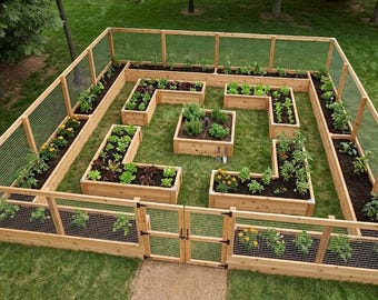May include: A large square wooden garden bed system featuring multiple L-shaped and central square raised planters. The entire structure is enclosed by a tall wooden fence with wire mesh panels and includes a double gate entrance for access.